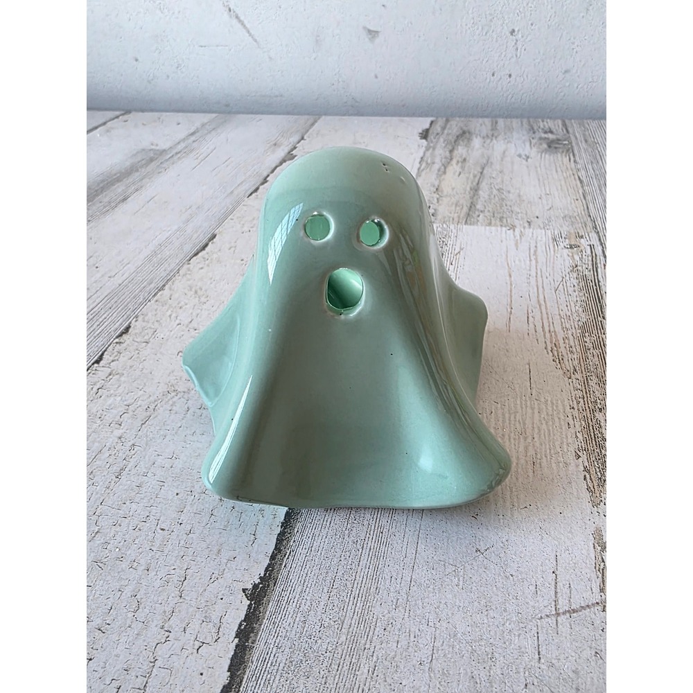 Teal ceramic light up Ghost Halloween statue shabby chic figurine Spirit decor